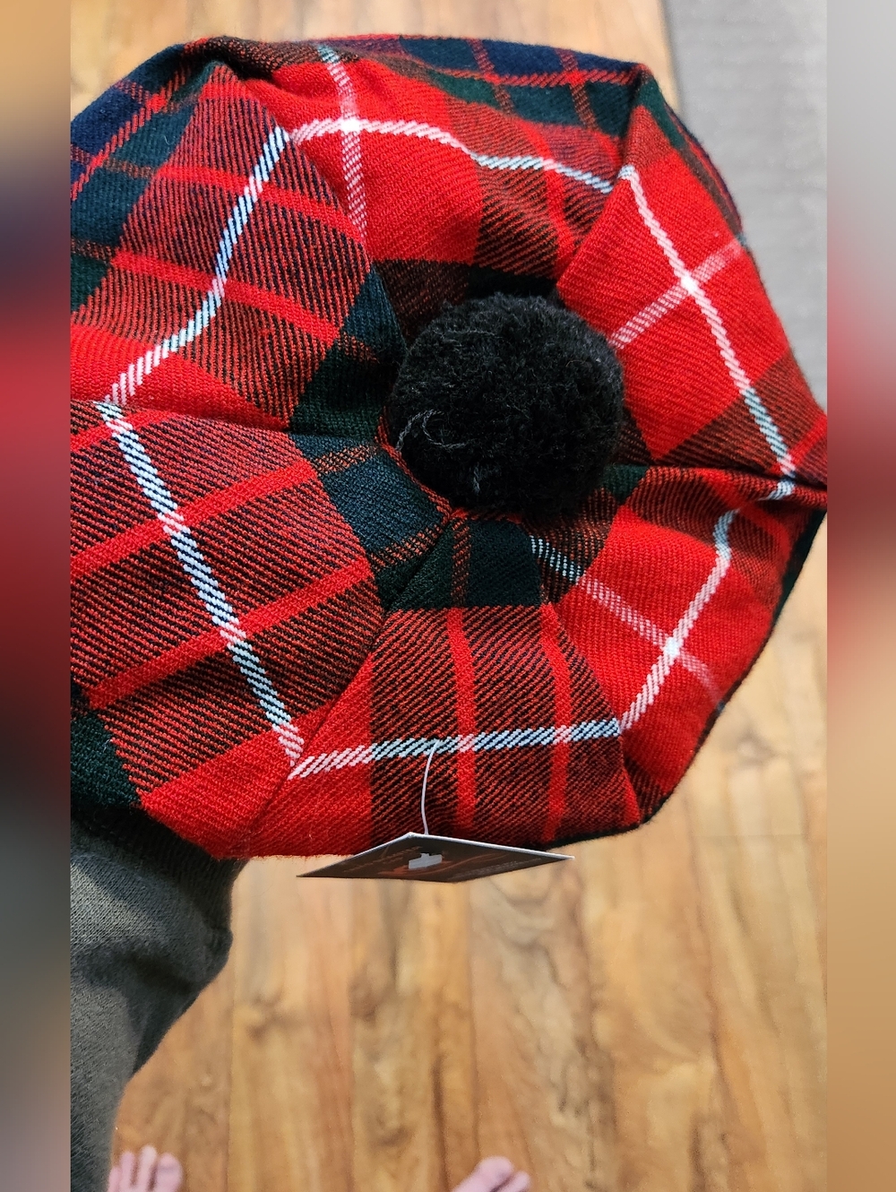 Red Black Plaid Tam O'Shanter Hat with Pom Pom